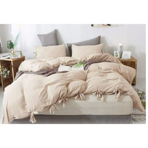 KHAKI Duvet Cover King Size NWT Soft Comforter Cover with Boho Bowknot Bow Tie - Picture 2 of 7